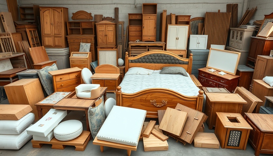 Eclectic secondhand bedroom furniture pieces in a workshop, varied materials.