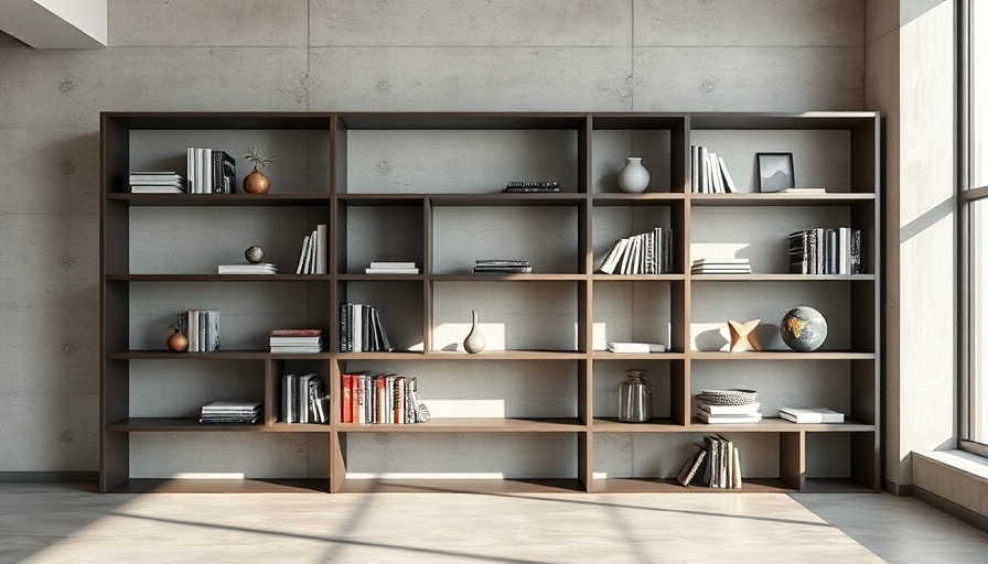 Stylish modern bookcases with books and decor on a concrete wall.