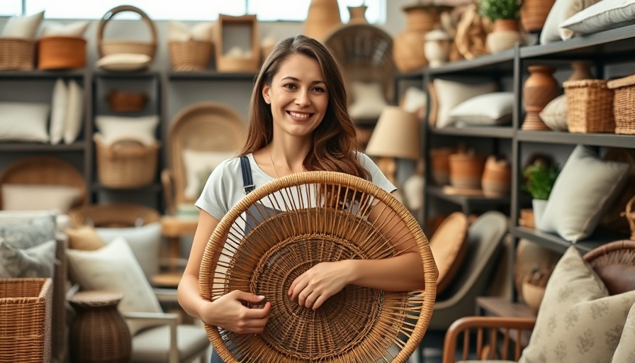 Smiling woman with wicker chair in cozy furniture store.