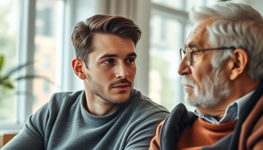 Thoughtful young man and elderly man in conversation, natural setting.