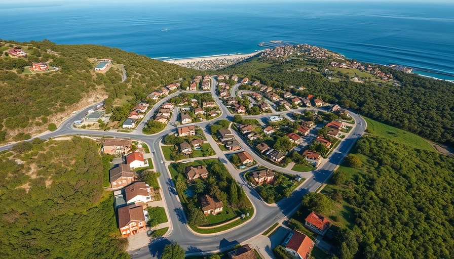 Aerial view of a coastal residential area near water.