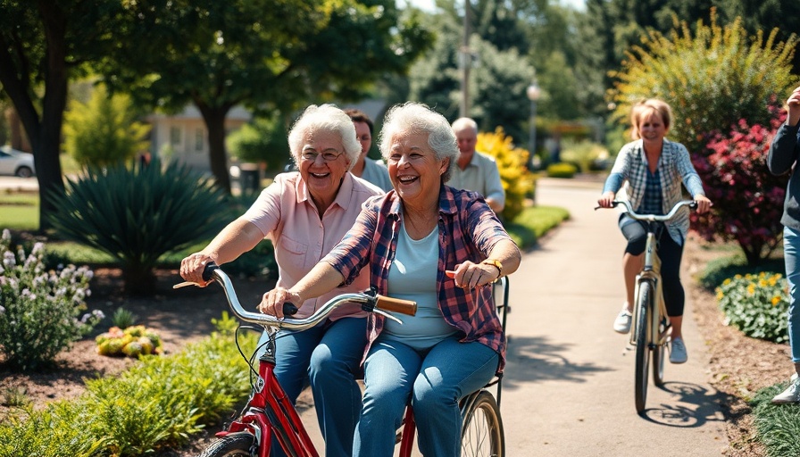 Senior living community activities: two older women on a tricycle ride.