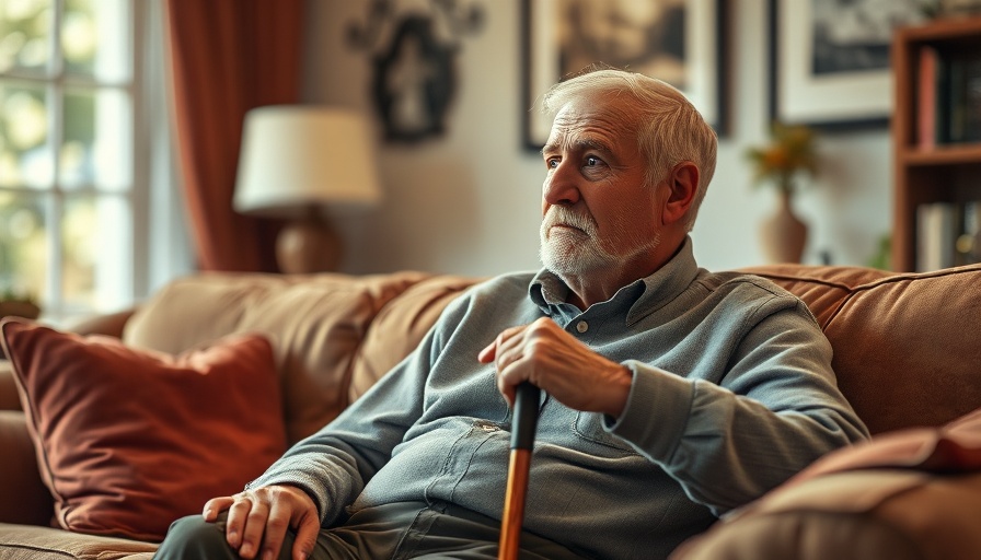 Elderly man with a cane contemplating early signs of dementia in a cozy room.