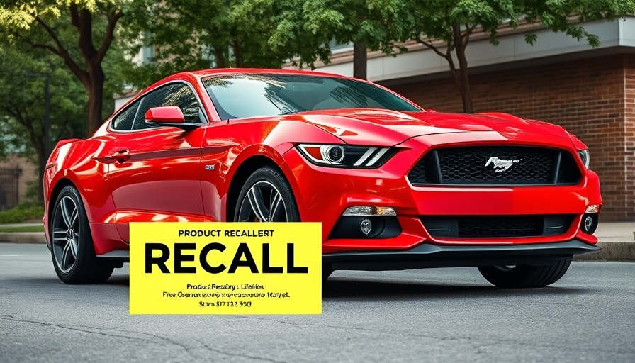 Ford Mustang re-recall notice on parked red Mustang.