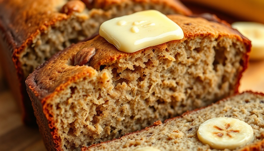 Freshly baked moist banana bread with butter melting on top.