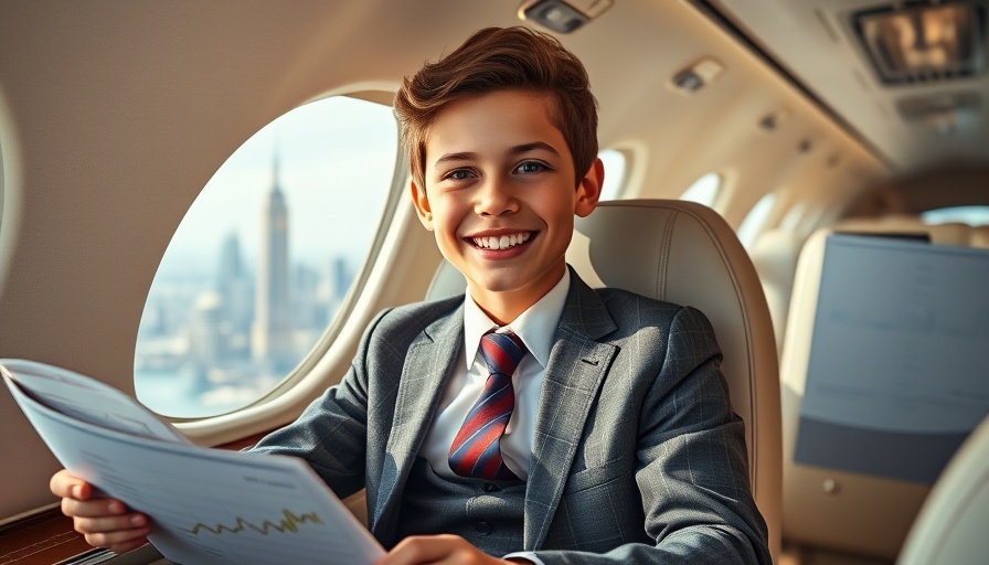 Joyful child learning financial literacy for kids in luxury jet.