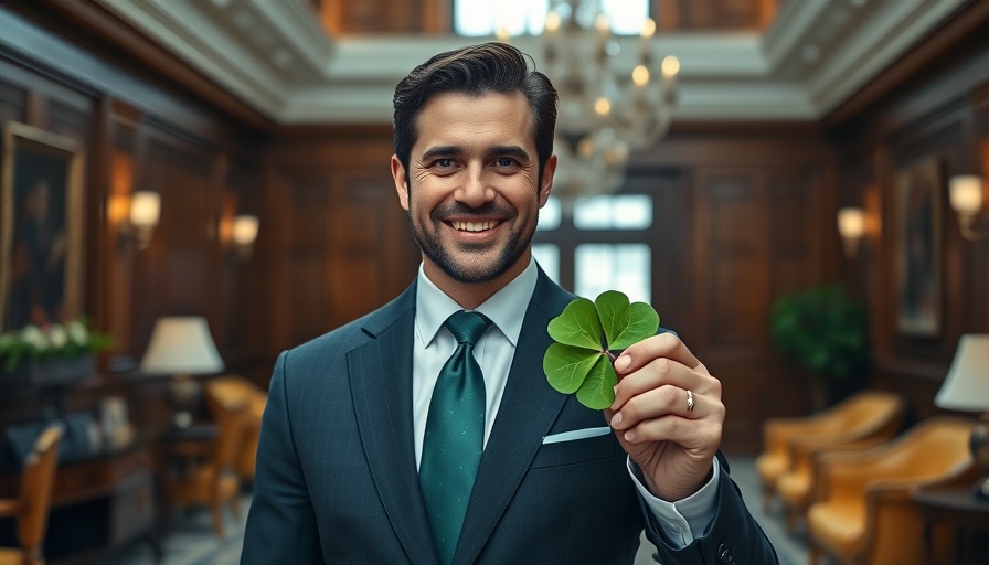 Confident man illustrating Million-Dollar Mindset with clover.