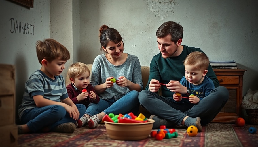 Thoughtful family playing with toys in dimly lit vintage room.