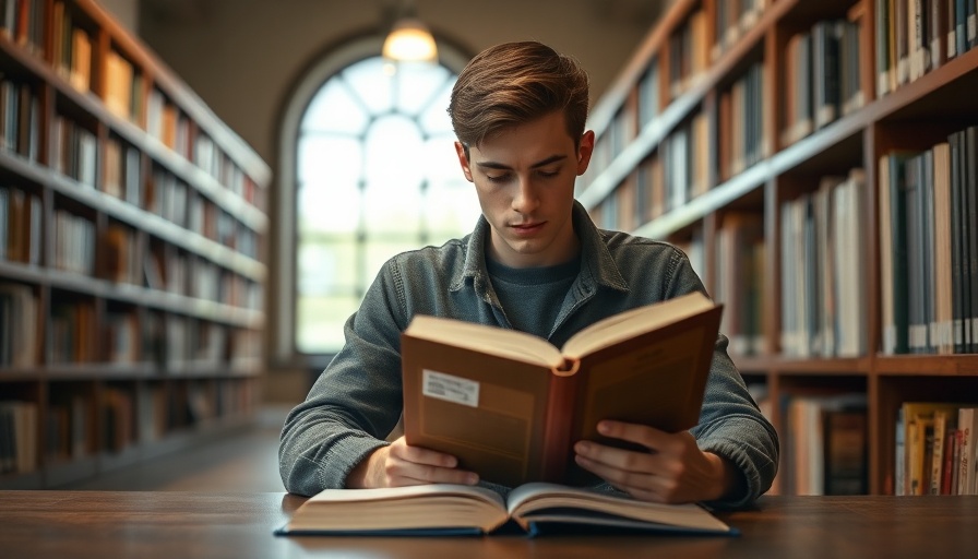 Focused male student reading in library for financial planning