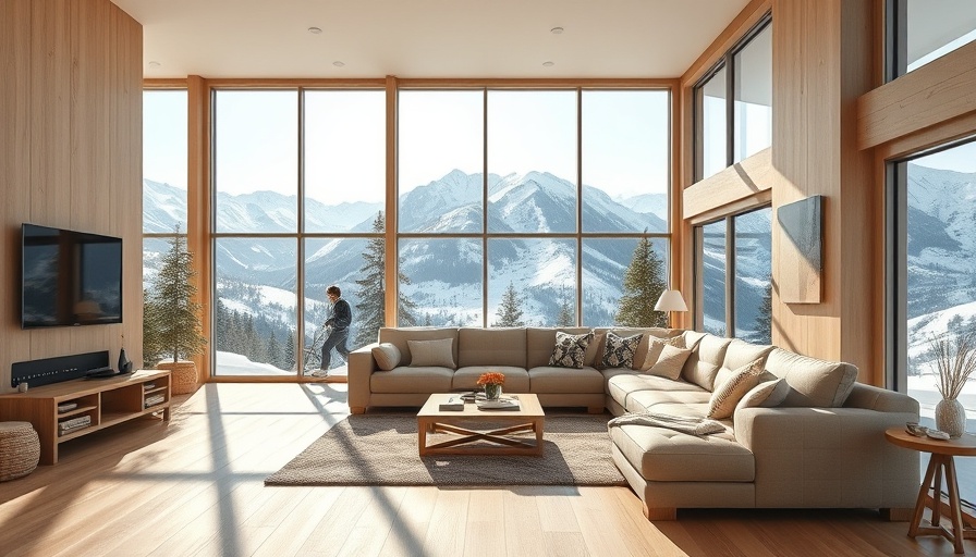 Cozy vacation property living room with mountain view.