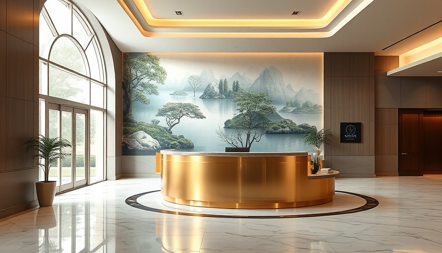 Contemporary lobby featuring a gold reception desk and nature mural, showcasing interior design trends.