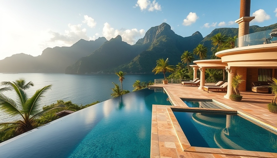 Luxury villa with pool and mountain backdrop in tropical setting.