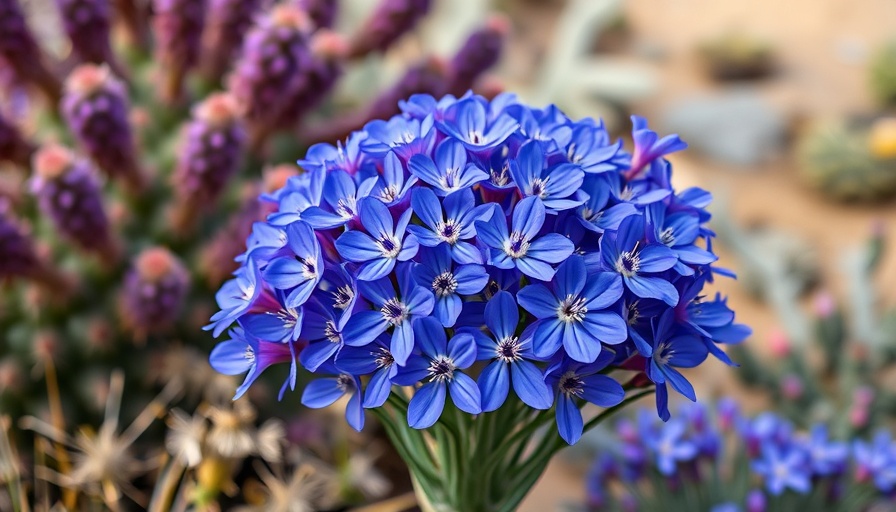 True blue flowers among purple cacti in a desert garden setting.