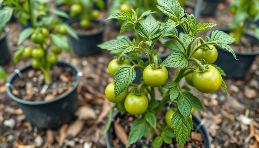 Healthy tomato plants in pots with cages in a leafy garden.