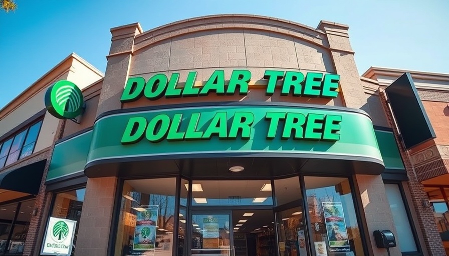 Vibrant Dollar Tree storefront under clear blue sky.