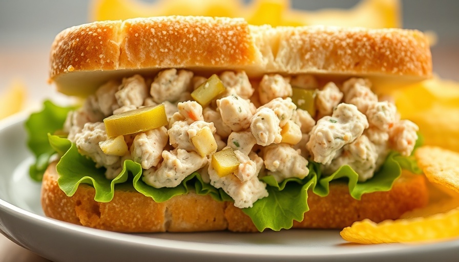 Dill pickle tuna salad sandwich with lettuce on a plate with chips.