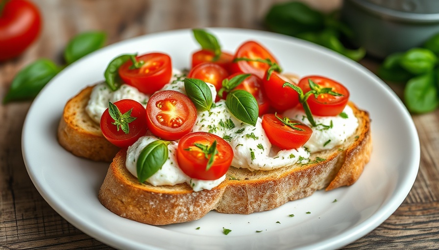 Ina Garten Herbed Ricotta Bruschetta with tomatoes on bread.