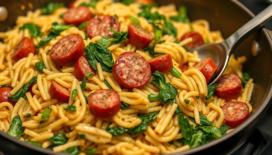 Savory orzo dish with greens and sausage, a perfect one pot meal.