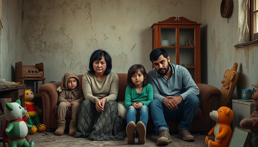 Family in a worn room, waiting for the perfect price, surrounded by toys.