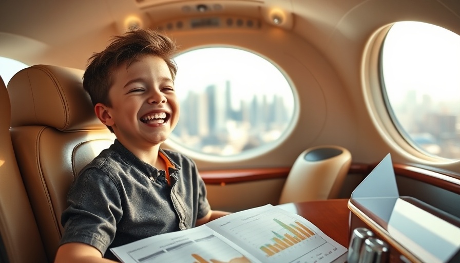 Confident child on private jet, inspiring wealth aspirations.