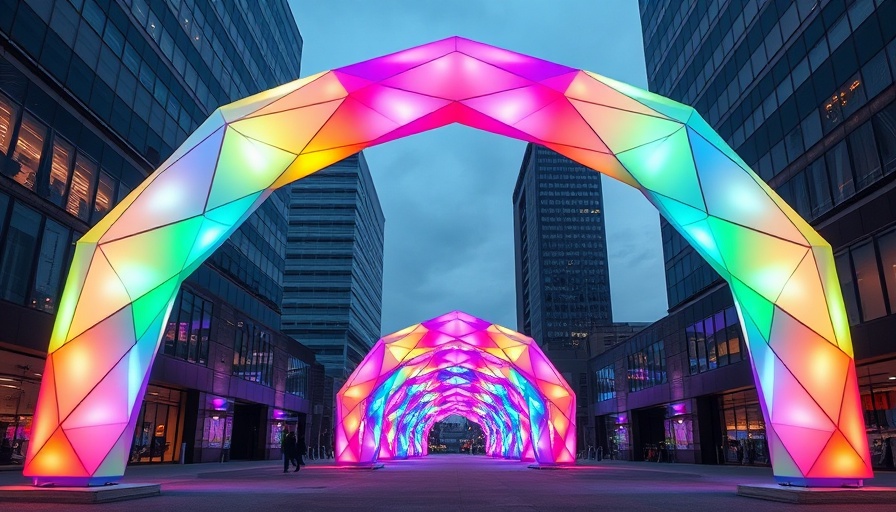 Vibrant inflatable arches at an exhibition in modern architecture.