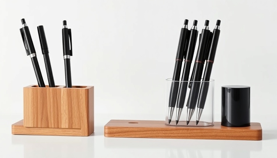 Elegant wooden Stilo75 pen holder with sleek pens on a white background.