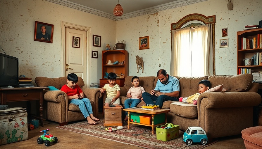 Family in a modest living room surrounded by toys, waiting for the perfect price.