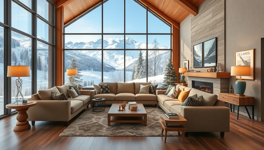 Spacious living room with snowy mountain view through large windows, featuring elegant decor.