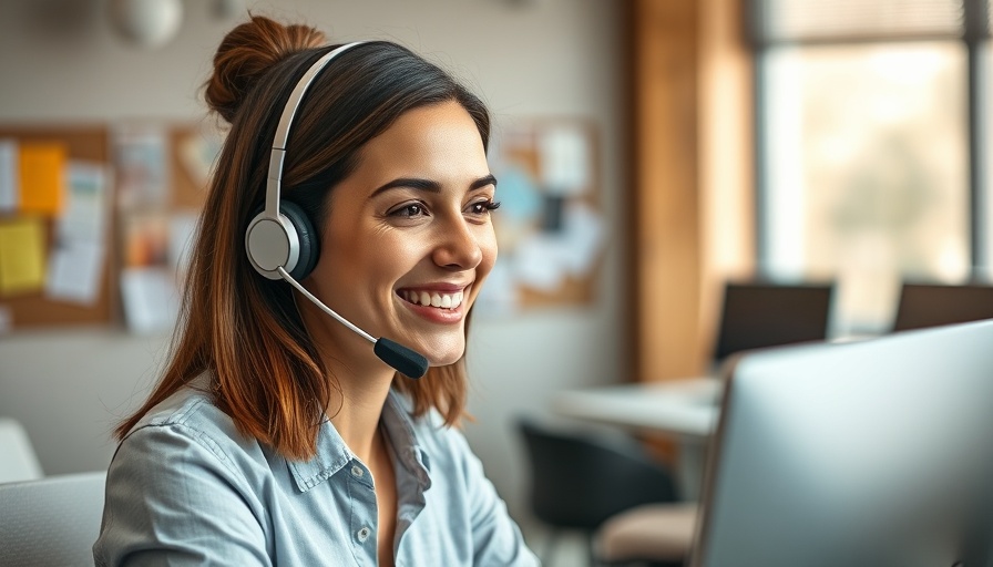 Smiling woman with headset in office promoting Friendship Line for Senior Mental Health.