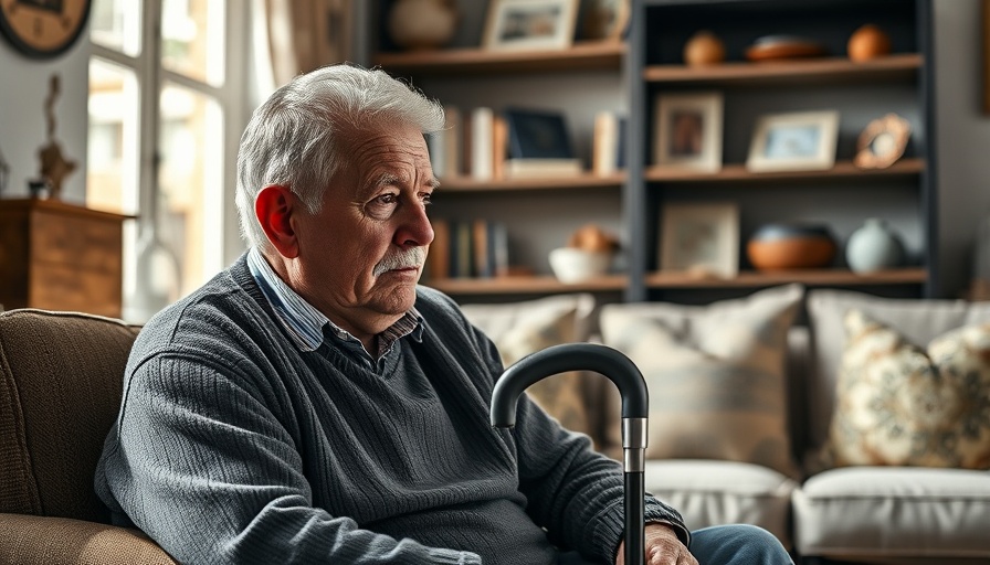 Elderly man with cane reflecting in cozy living room, early signs of dementia.