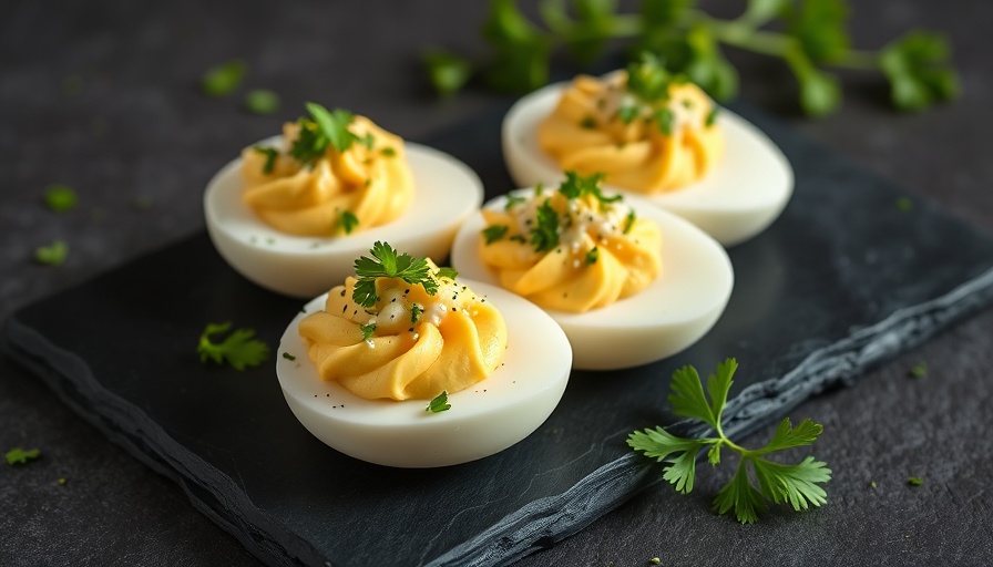 Close-up of ranch deviled eggs recipe with herbs on slate.