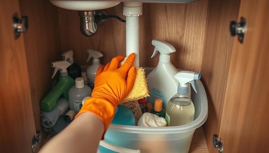 Person using DIY pest control strategies under sink with cleaning supplies.