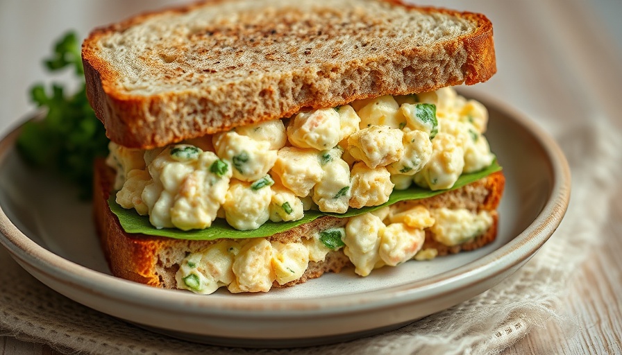 Mayo-free egg salad sandwich with whole grain bread on a plate.