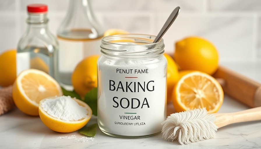 Baking soda and vinegar cleaning setup with lemons and brush.