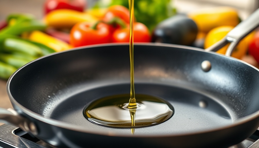 Olive oil pouring into nonstick pan with vegetables in kitchen.