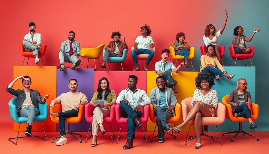 Diverse individuals with colorful chairs in 2025 Color Collection by 3form.