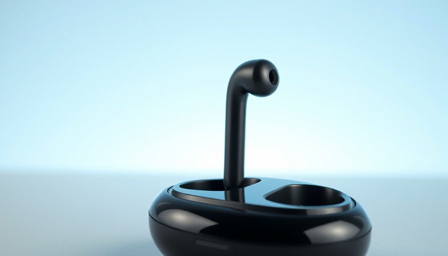 Sleek black open-ear earbuds on glossy case against a gradient.