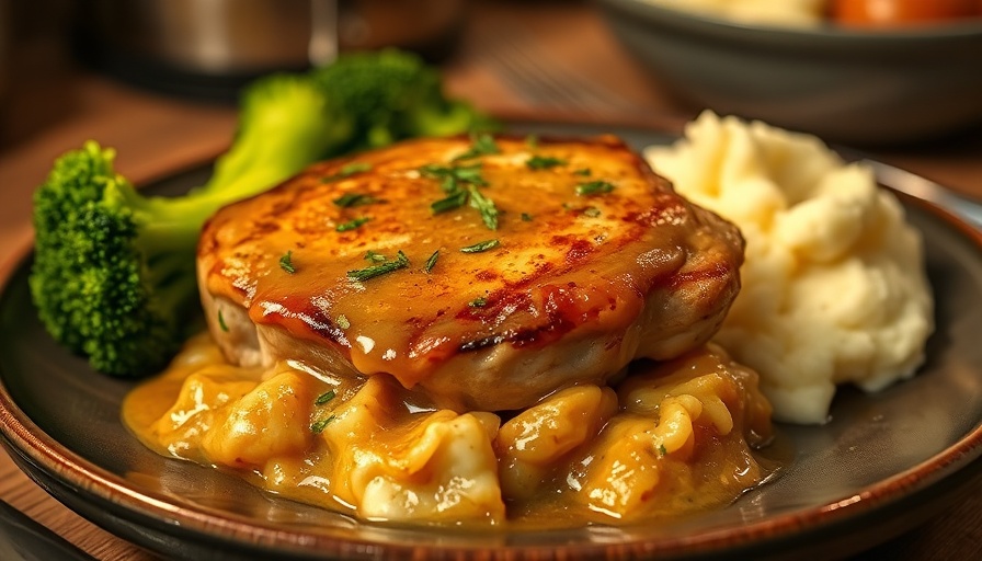 Easy smothered pork chops with sides on the plate.