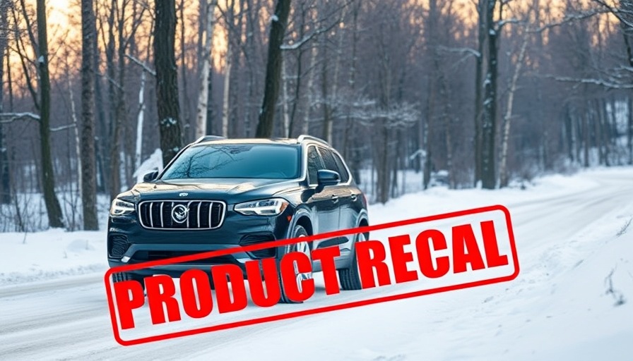 Ford SUV with recall warning on snowy road, forest background.