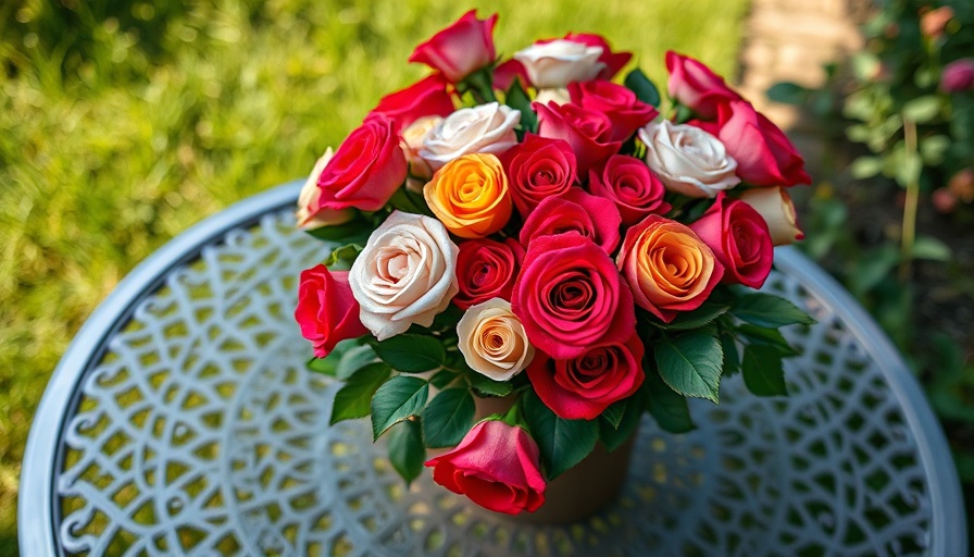 Colorful roses arranged in a container on a table representing growing roses in Houston.