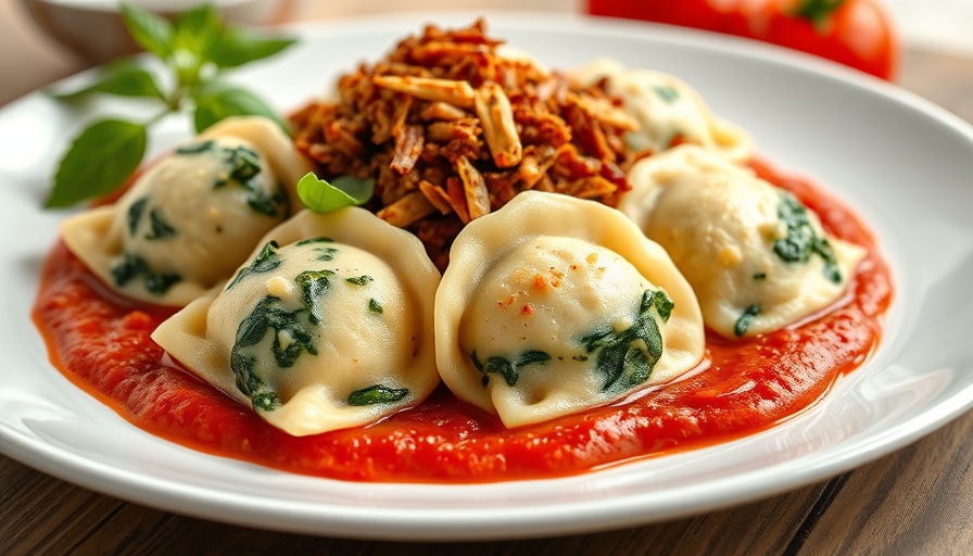 Healthy spinach dumplings on red sauce, topped with cheese.