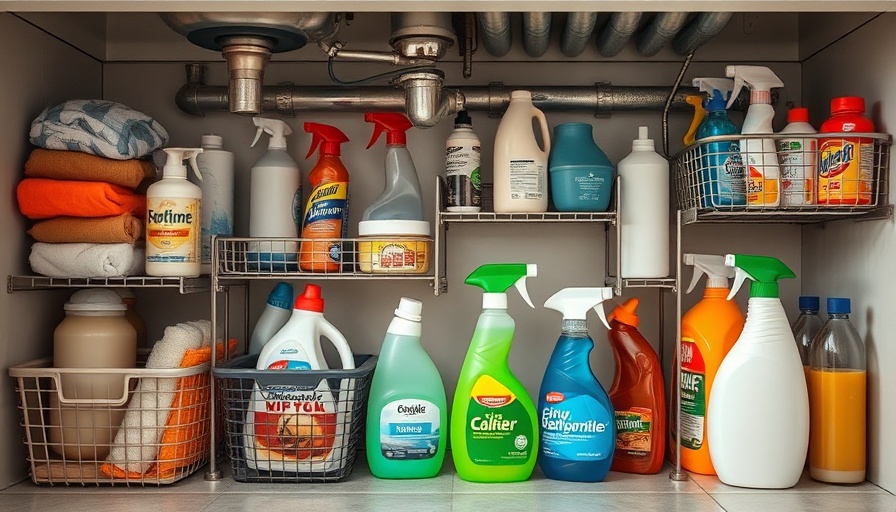 Well-organized kitchen under-sink storage with cleaning supplies.