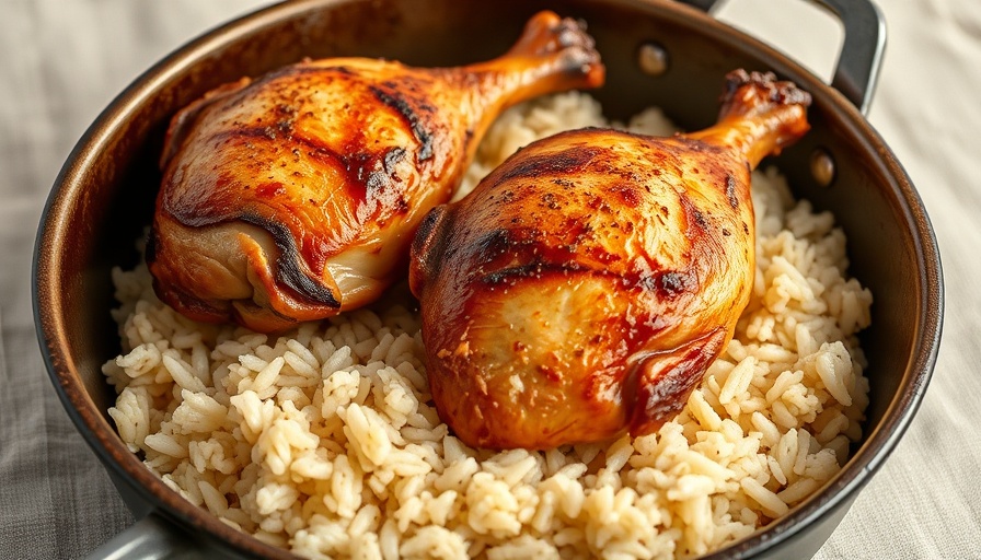 Golden roasted chicken and rice, a timeless family recipe, in a rustic pan.