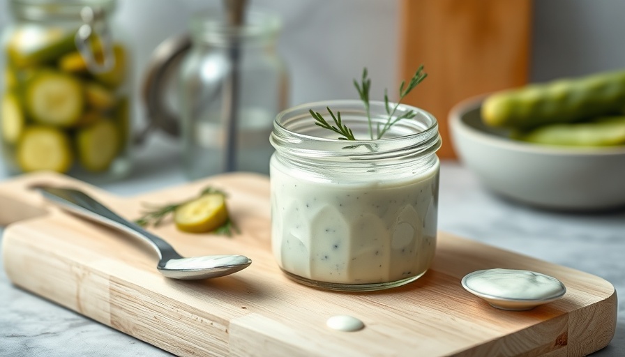 Dill pickle ranch dressing recipe in a glass jar with pickles.