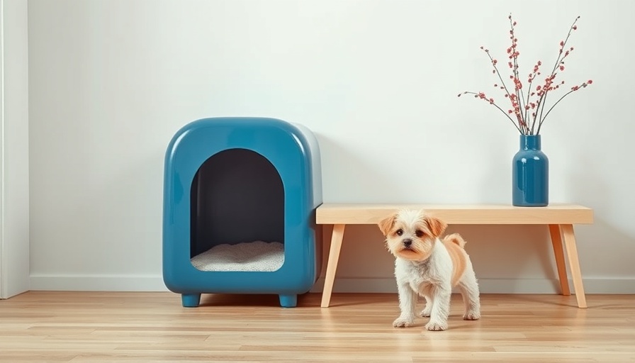 Minimalist interior with eco-friendly pet design features and a small dog.