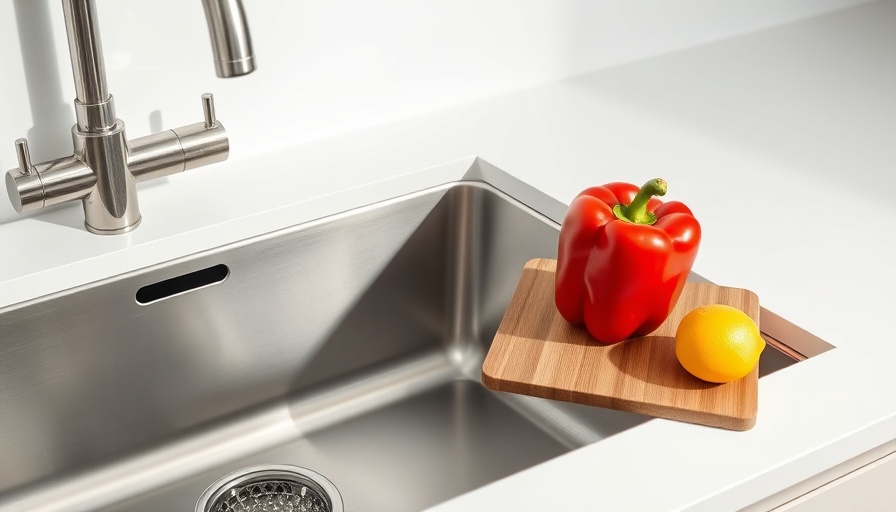 Sleek luxury kitchen sink with cutting board and fruits.