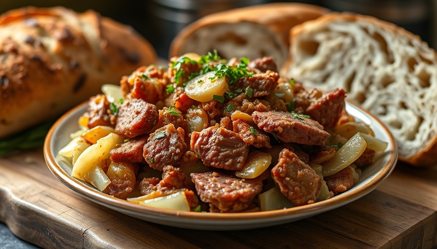 Corned beef and cabbage hash garnished with herbs on a plate.