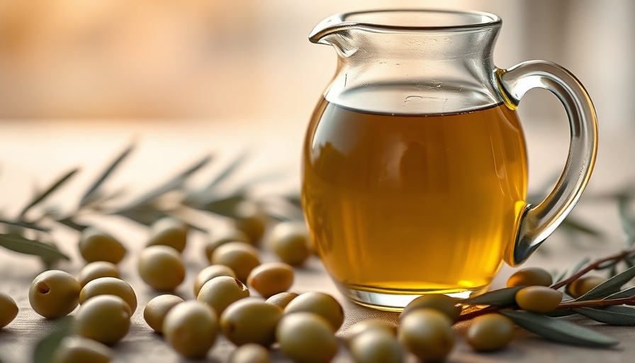 Elegant glass pitcher surrounded by olives, photorealistic.