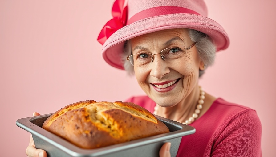 Buckingham Palace Banana Bread alongside an elegant smiling woman.