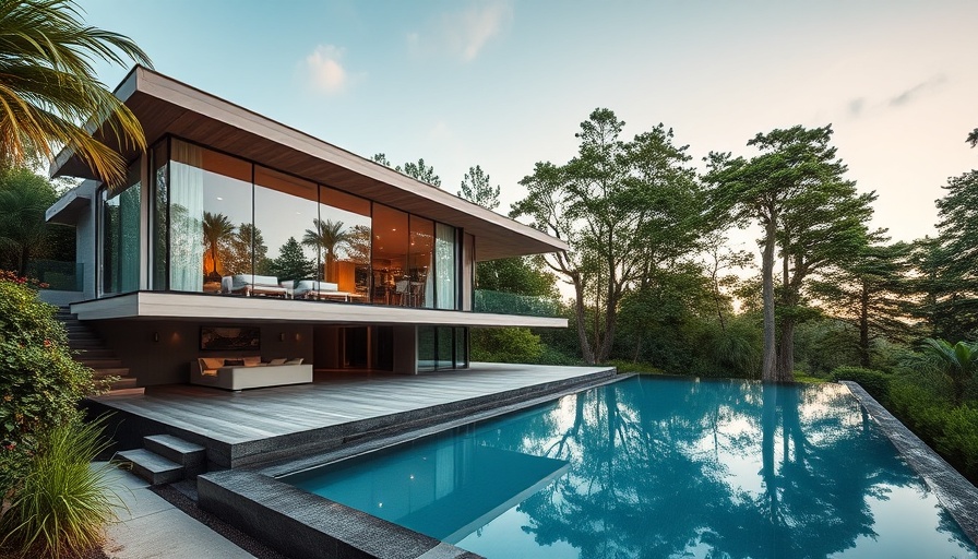 Modern cantilevered home design with pool surrounded by trees